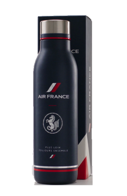 Gourde Air France bleu nuit avec son coffret, vue à 360°
