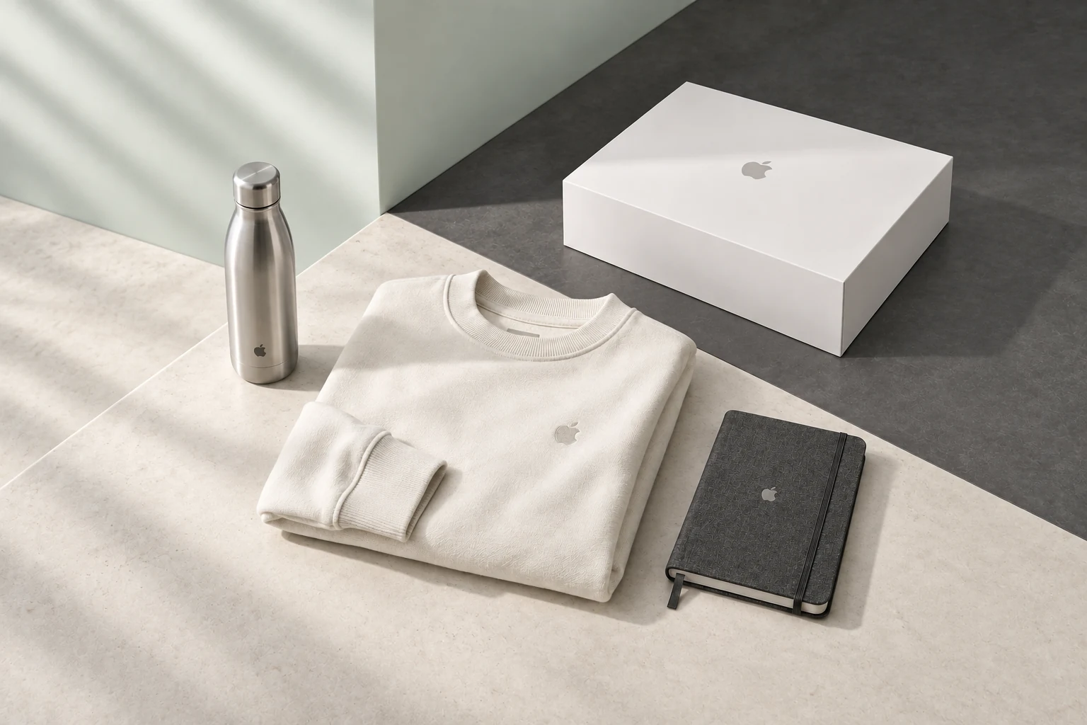 Coffret Apple : sweat écru brodé ton sur ton, carnet graphite et gourde métal