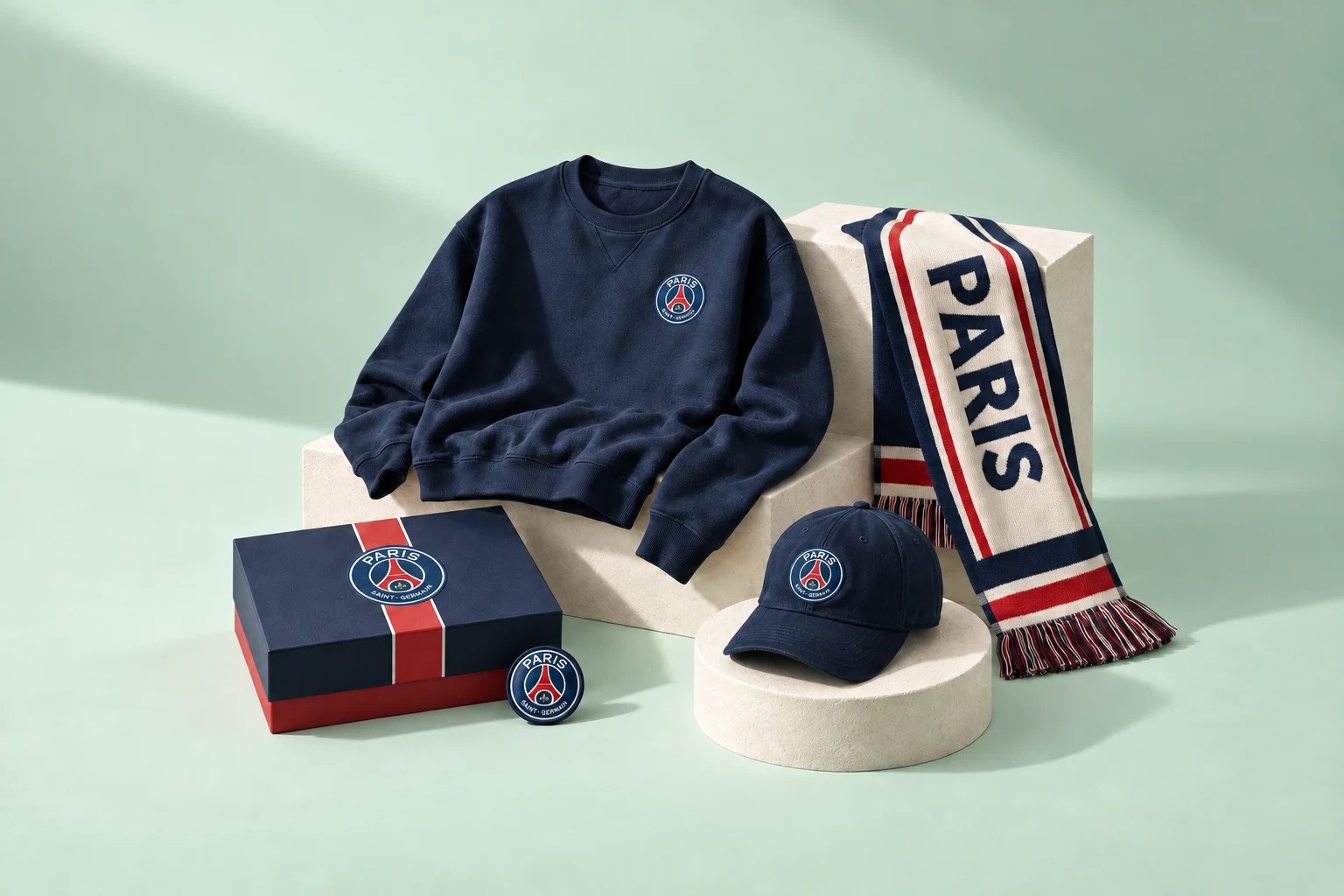 Concept de collection PSG : sweat bleu marine, écharpe Paris, casquette et patch brodé