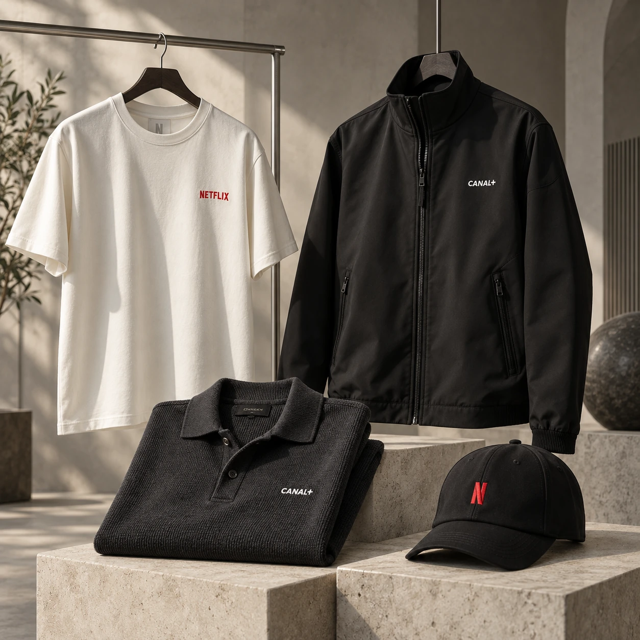 Vestiaire Netflix et Canal+ : t-shirt ivoire, polo en maille, veste technique et casquette brodée