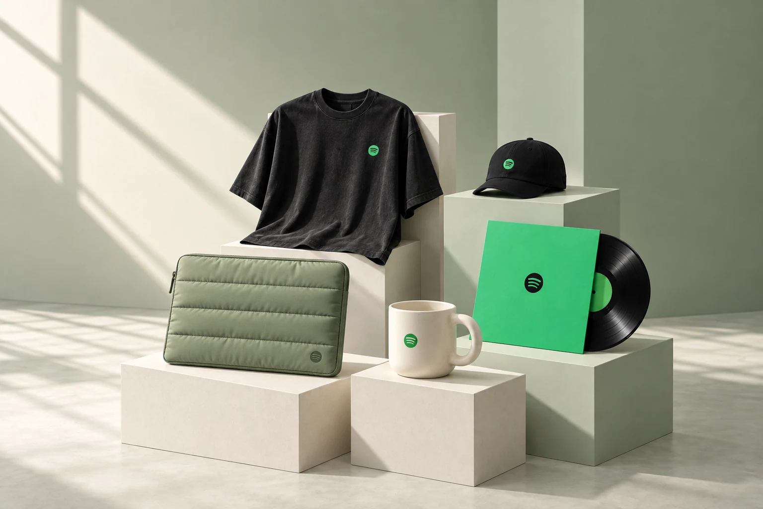 Welcome pack Spotify : textile, mug en céramique, pochette d’ordinateur matelassée et vinyle