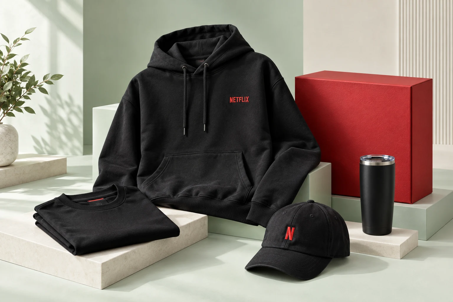 Vestiaire Netflix : hoodie noir brodé rouge, t-shirt, casquette et coffret