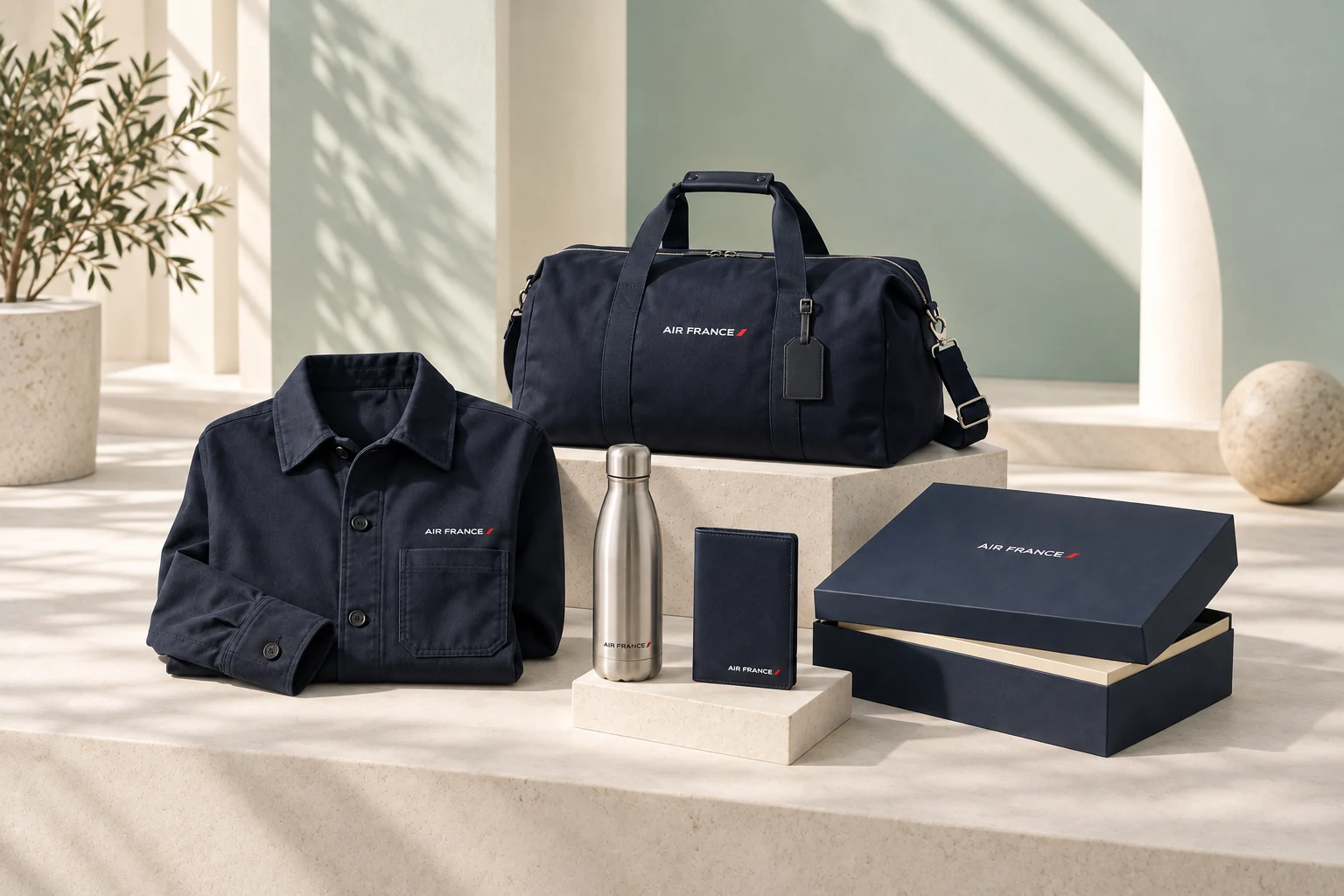 Travel kit Air France : surchemise bleu nuit, sac de voyage, gourde et coffret