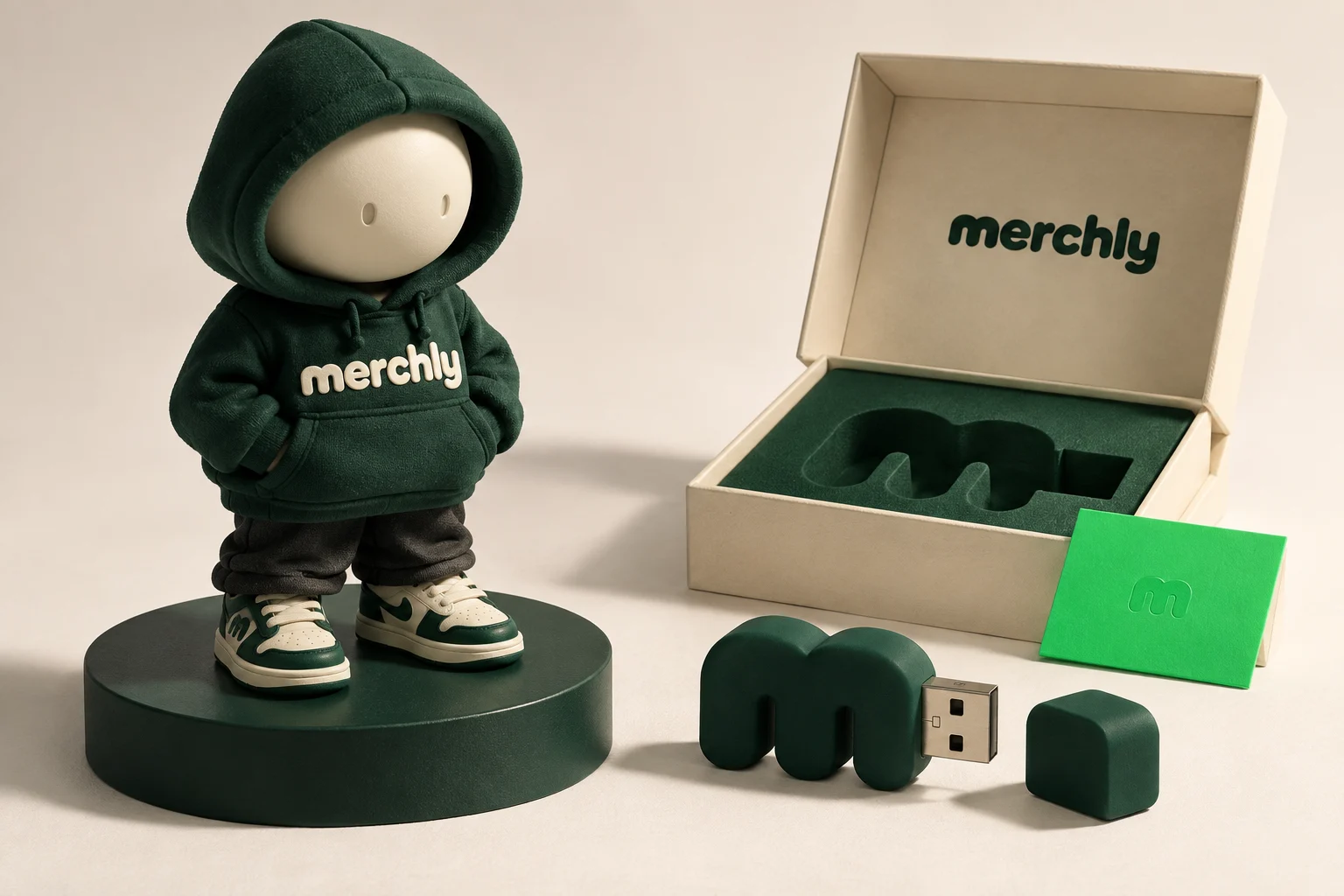 Merchly : figurine collector en hoodie vert forêt, clé USB en forme de m et coffret sur mesure.