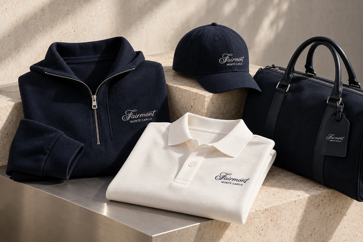 Vestiaire Fairmont Monte-Carlo : maille bleu marine, polo ivoire, casquette et sac aux broderies discrètes