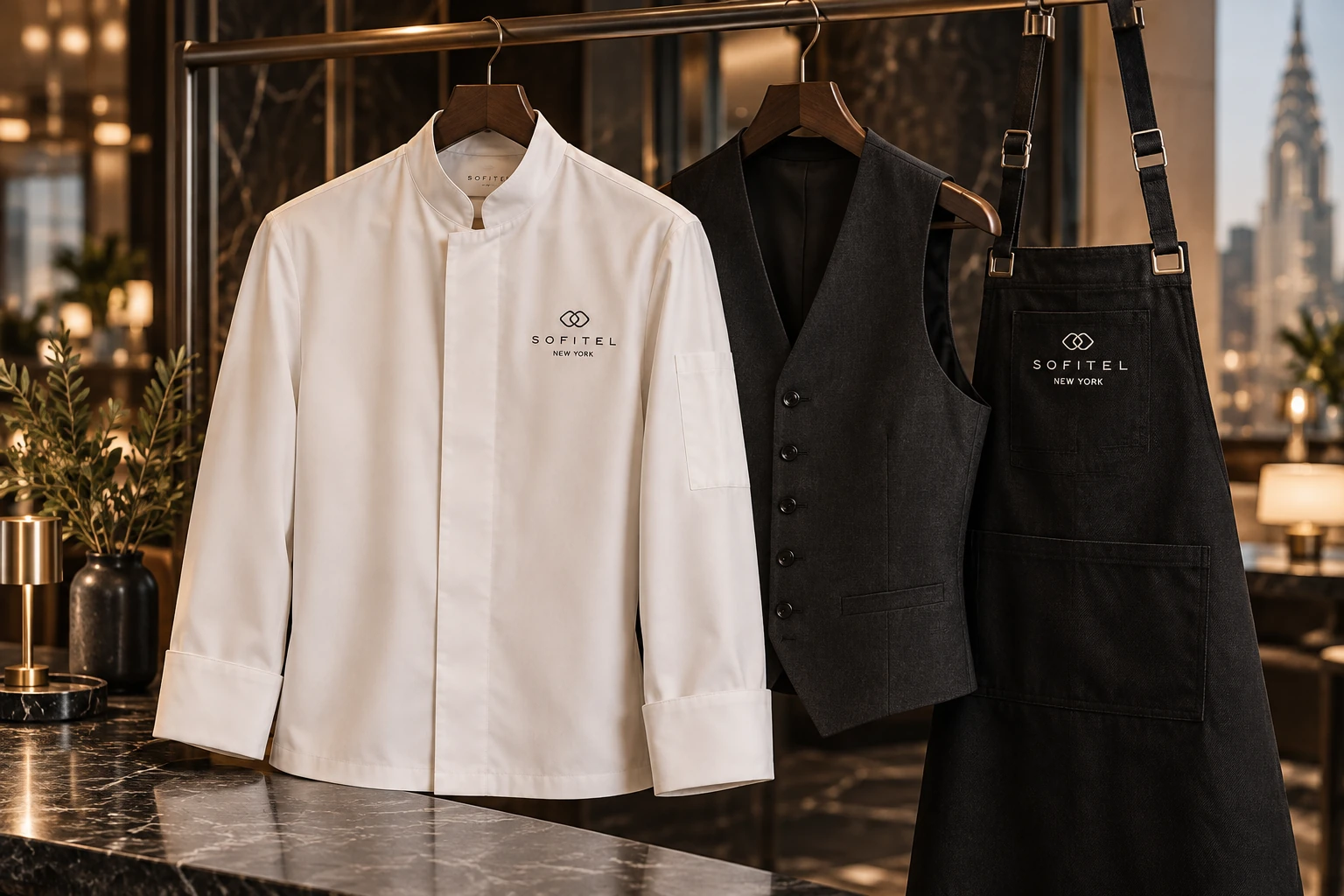 Vestiaire Sofitel New York : veste ivoire à col droit, gilet anthracite et tablier noir aux finitions soignées
