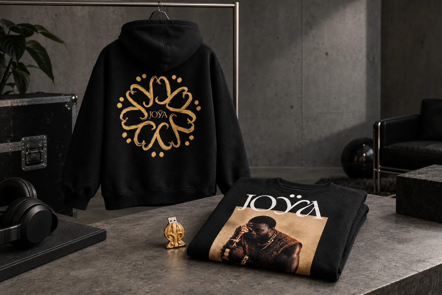 Capsule Tayc JOŸA : hoodie noir au motif doré, t-shirt portrait plié et objet USB doré