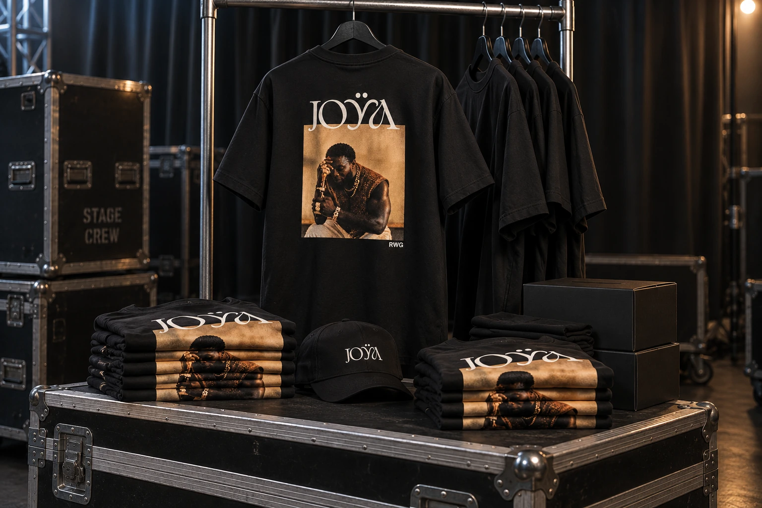 Merch de tournée préparé en coulisses : t-shirts Tayc JOŸA, piles de textile, casquette et flight cases