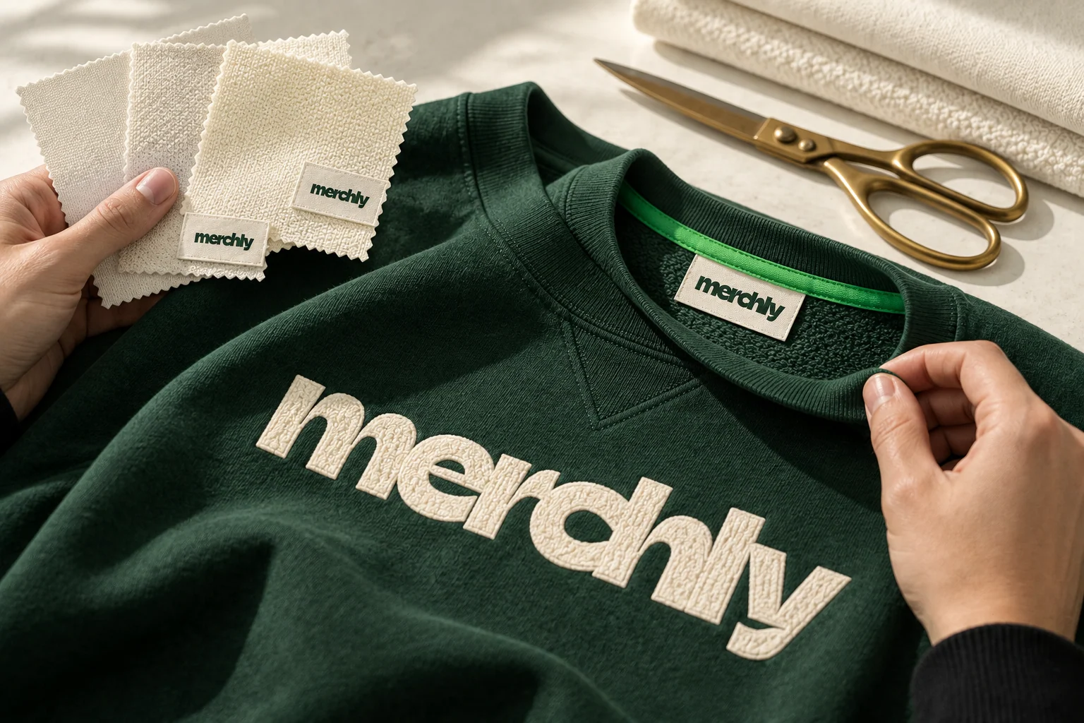 Sweat Merchly vert à broderie ivoire, comparé à plusieurs épaisseurs de coton sur une table d’échantillonnage.