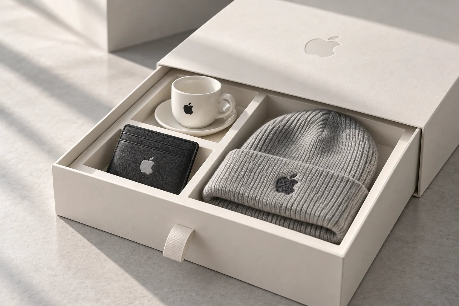 Coffret cadeau Apple dans un tiroir ivoire : céramique, porte-cartes noir et bonnet gris aux logos intégrés.