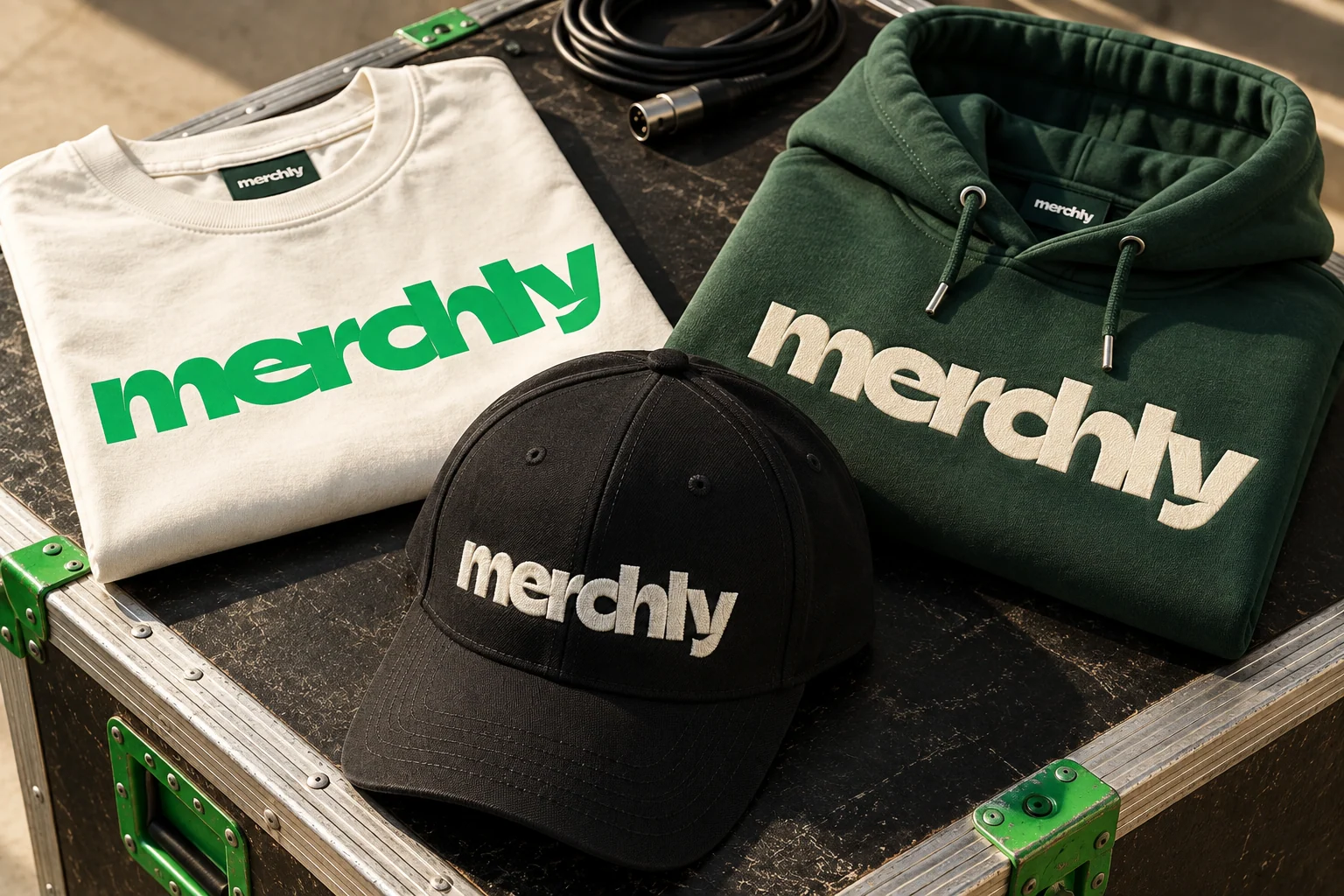 Casquette, t-shirt et hoodie Merchly sur un flight case, avec broderies et impressions de la collection tournée.