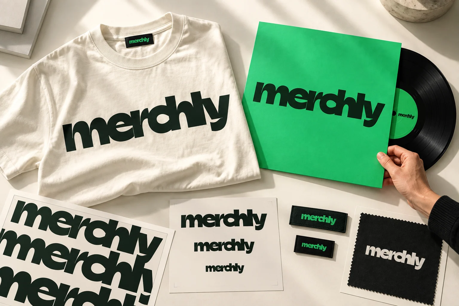 Collection musicale Merchly en développement : t-shirt typographique, pochette vinyle verte et essais de marquage.