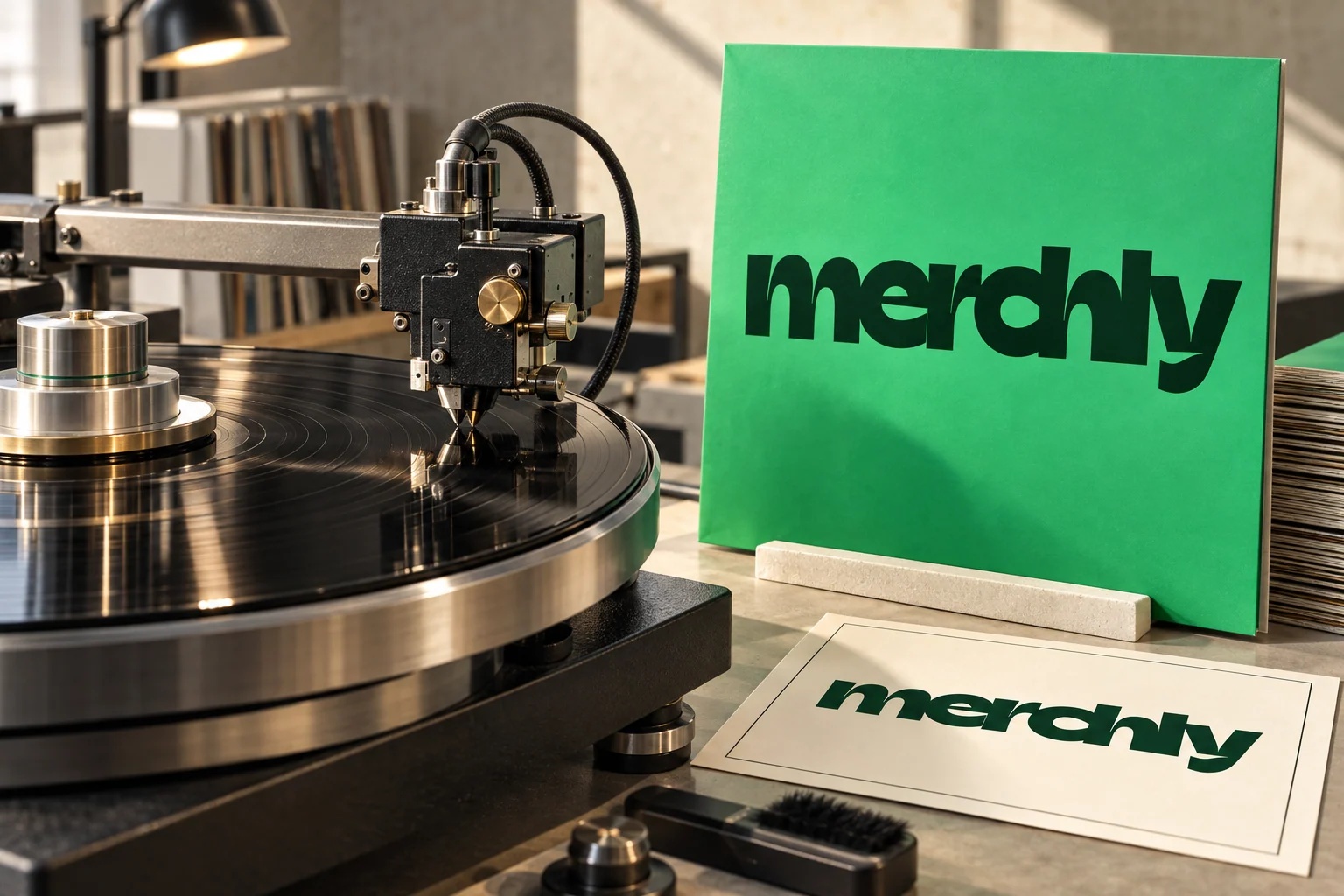 Gravure d’un master vinyle avec épreuve de pochette Merchly verte placée à côté du tour.