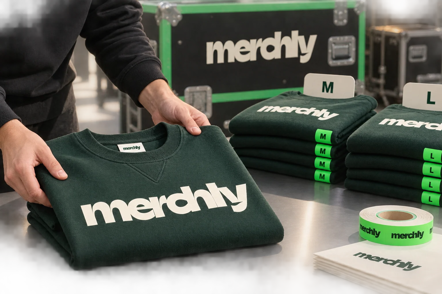 Sweats de tournée Merchly pliés par taille, avec logo ivoire visible, étiquettes vertes et flight case personnalisé.