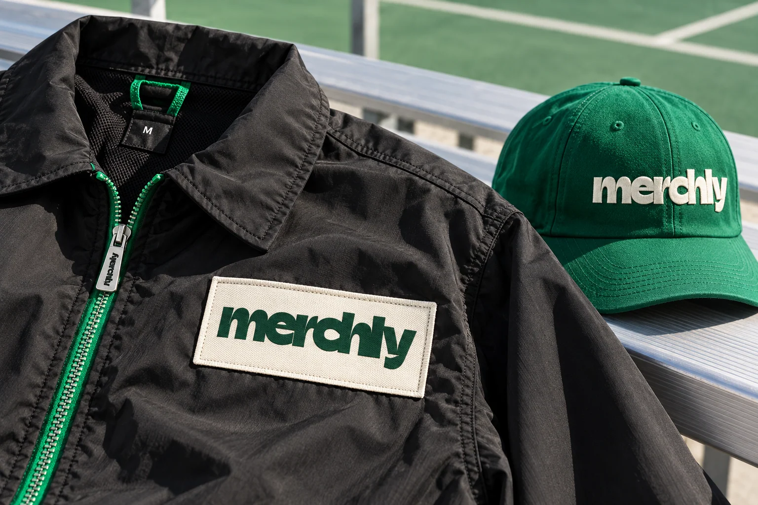 Veste technique Merchly avec écusson typographique tissé, zip vert et casquette brodée sur un gradin.