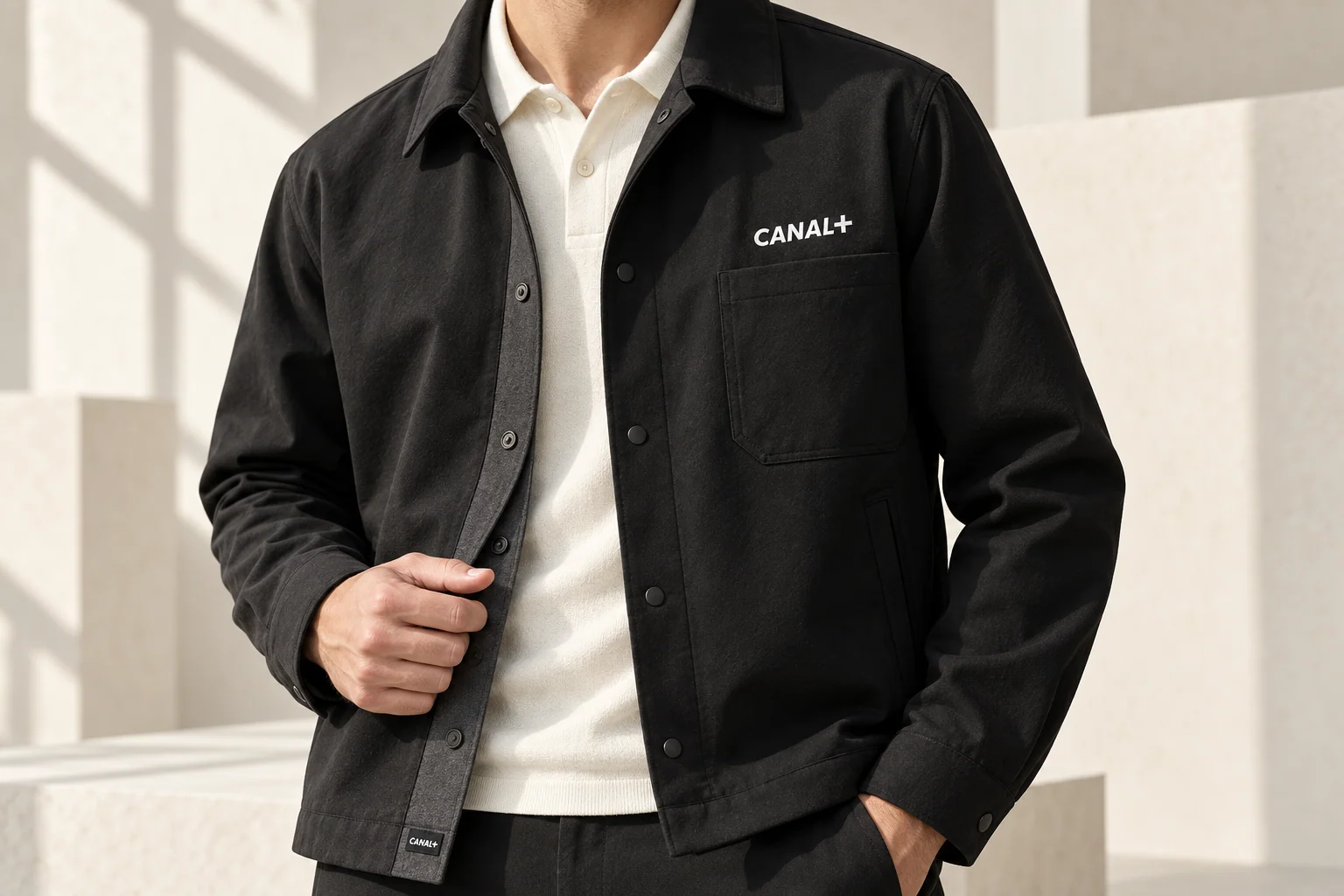 Surchemise technique noire Canal+ portée sur un polo ivoire, avec broderie blanche et finitions de confection.