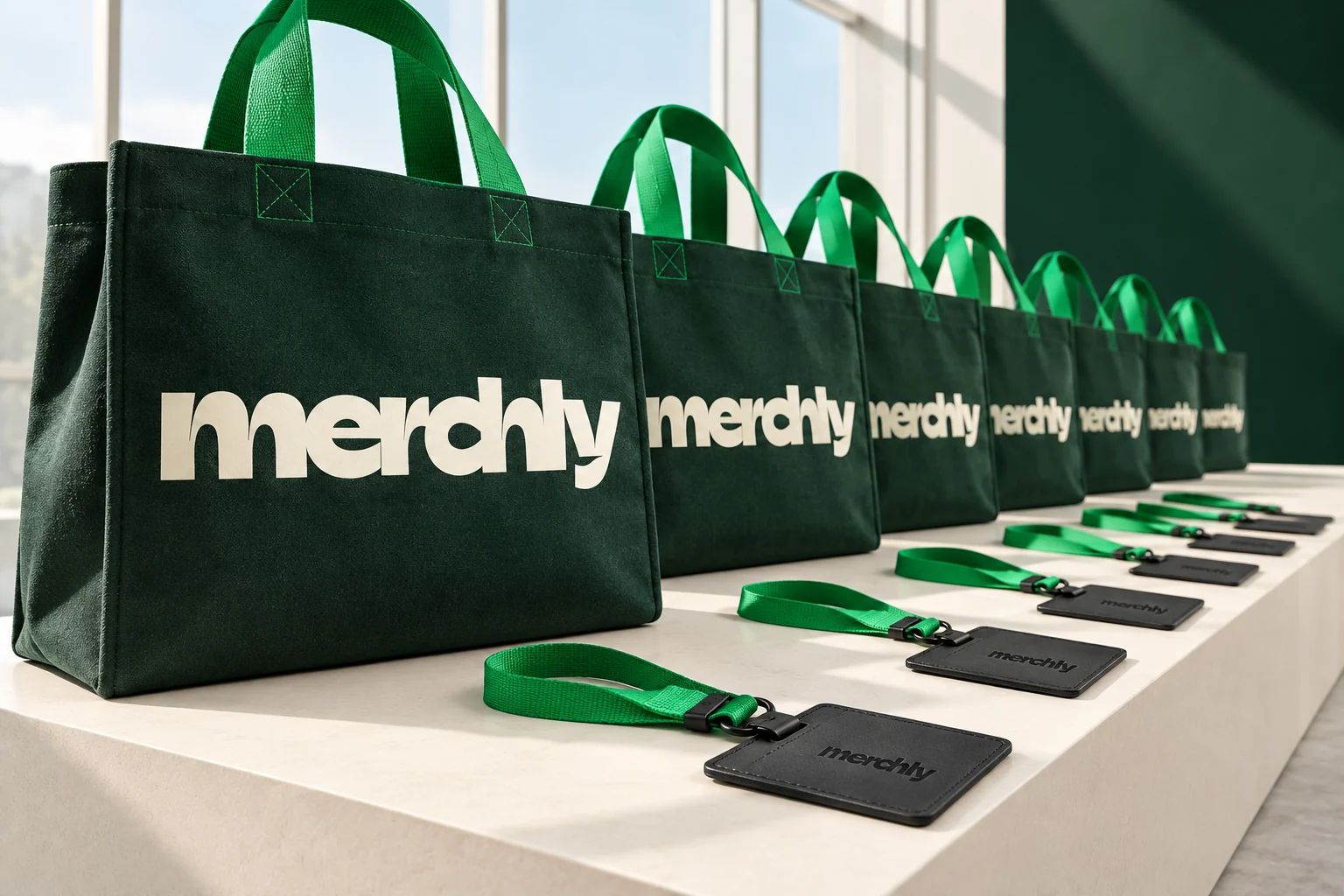 Collection événementielle Merchly : tote bags vert foncé à logo ivoire et porte-badges aux cordons verts.