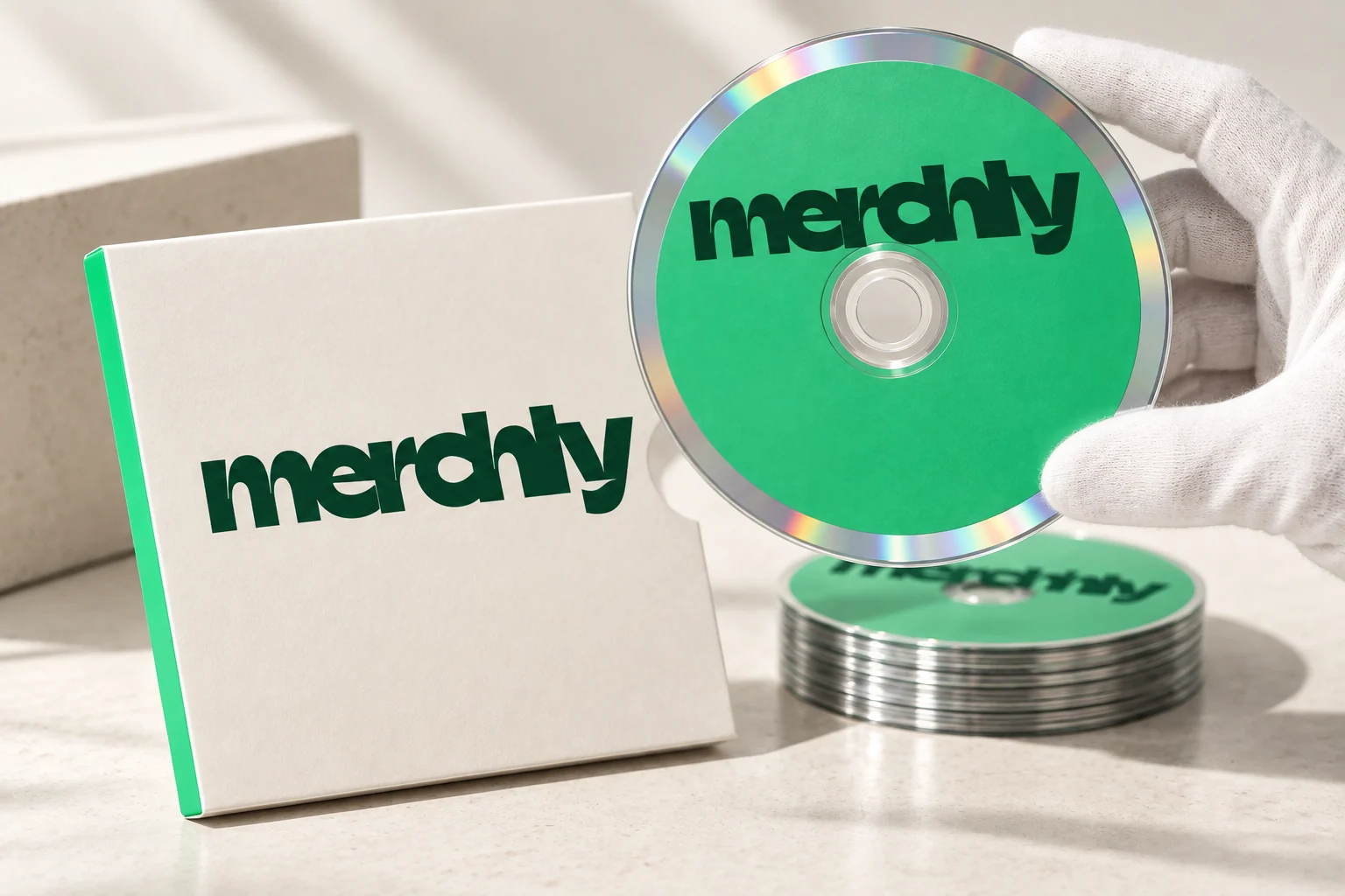 Contrôle d’un CD Merchly vert et argenté, tenu par le bord au-dessus de sa pochette de production personnalisée.