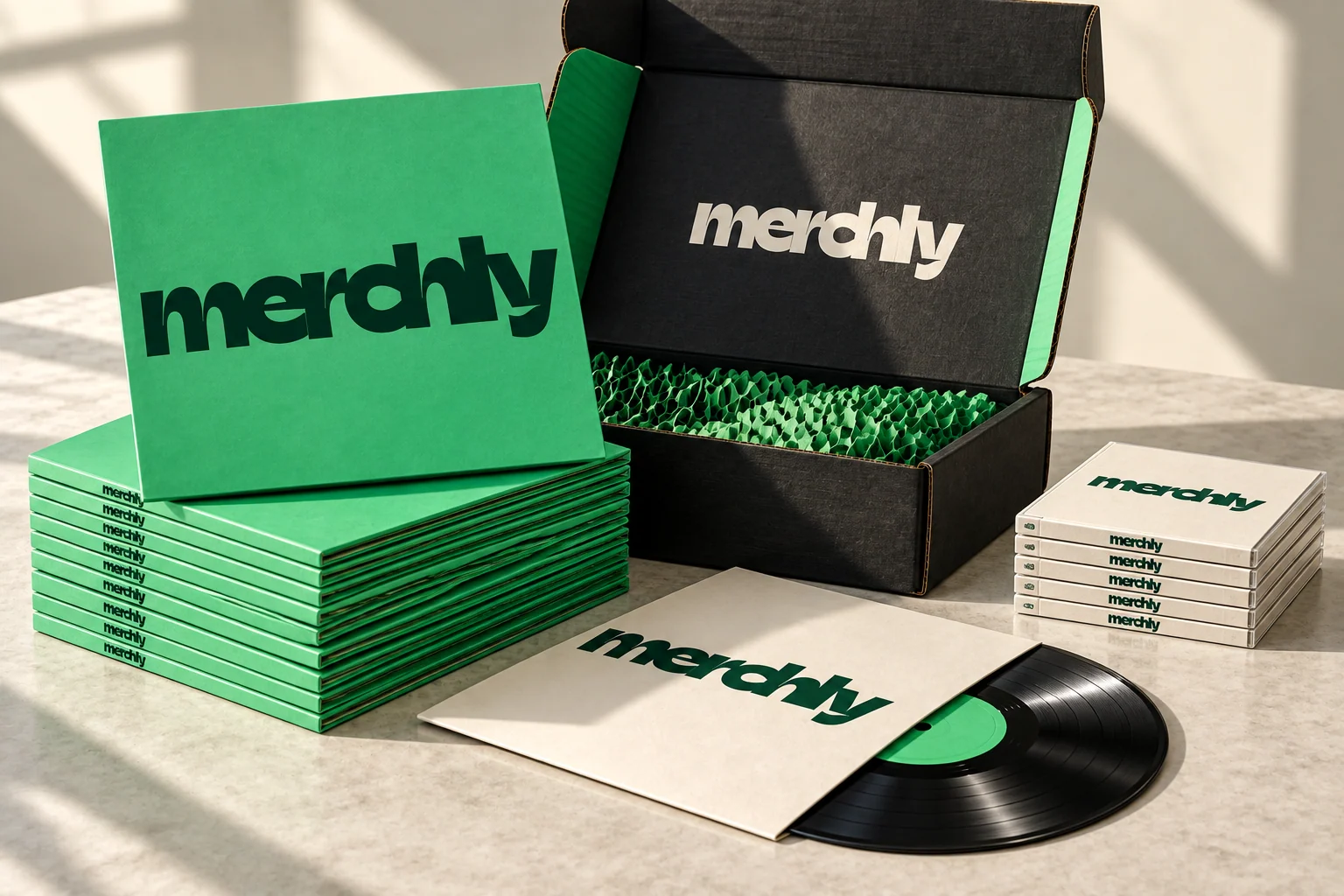 Petite série de vinyles et CD Merchly, pochettes vertes et packaging d’expédition noir ajusté.