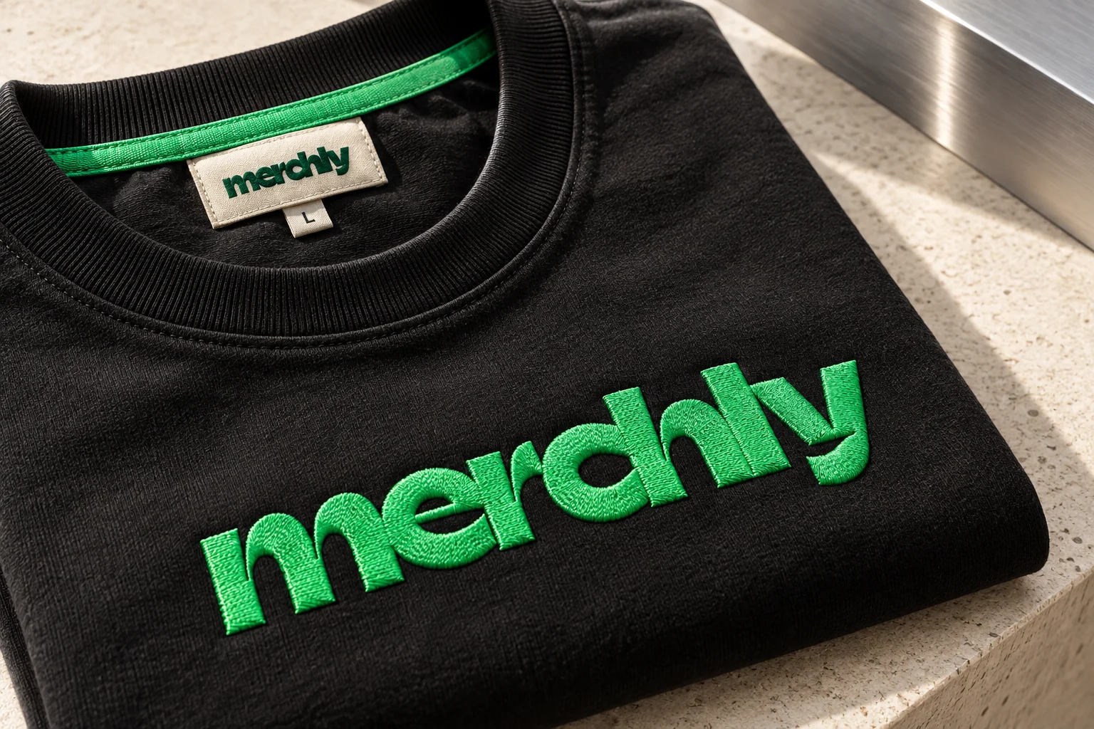 Gros plan sur un t-shirt noir Merchly : logo vert brodé, col côtelé, coutures et bande de propreté contrastée.