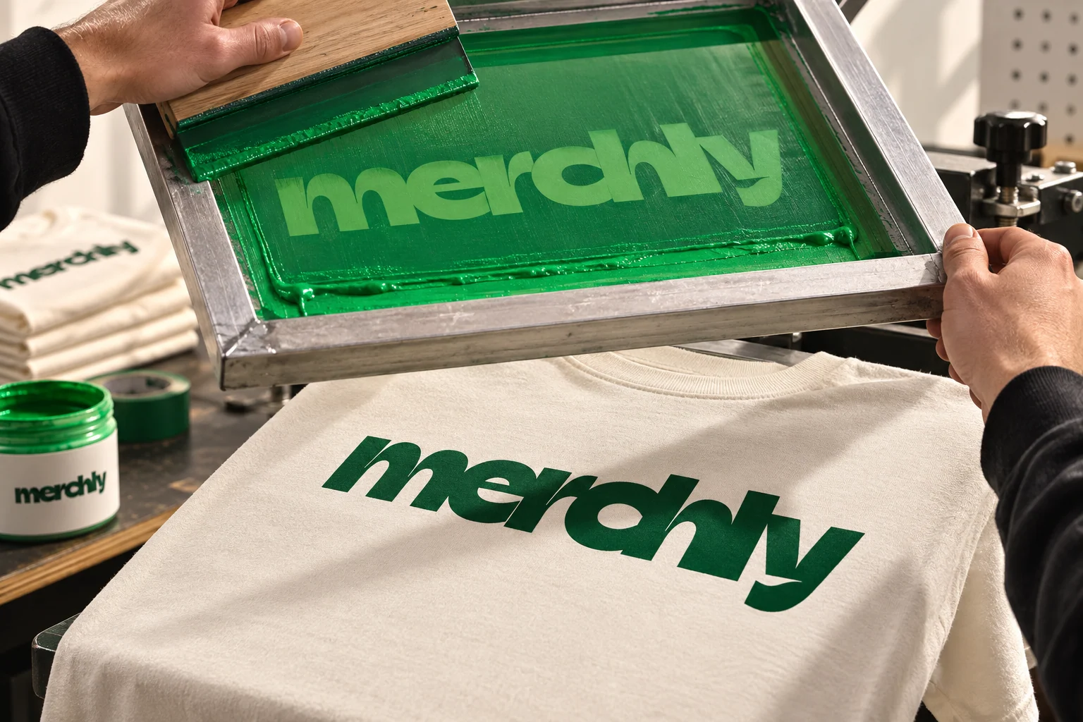 Sérigraphie du logo Merchly vert sur un t-shirt ivoire, avec raclette, écran et encre fraîche visibles.