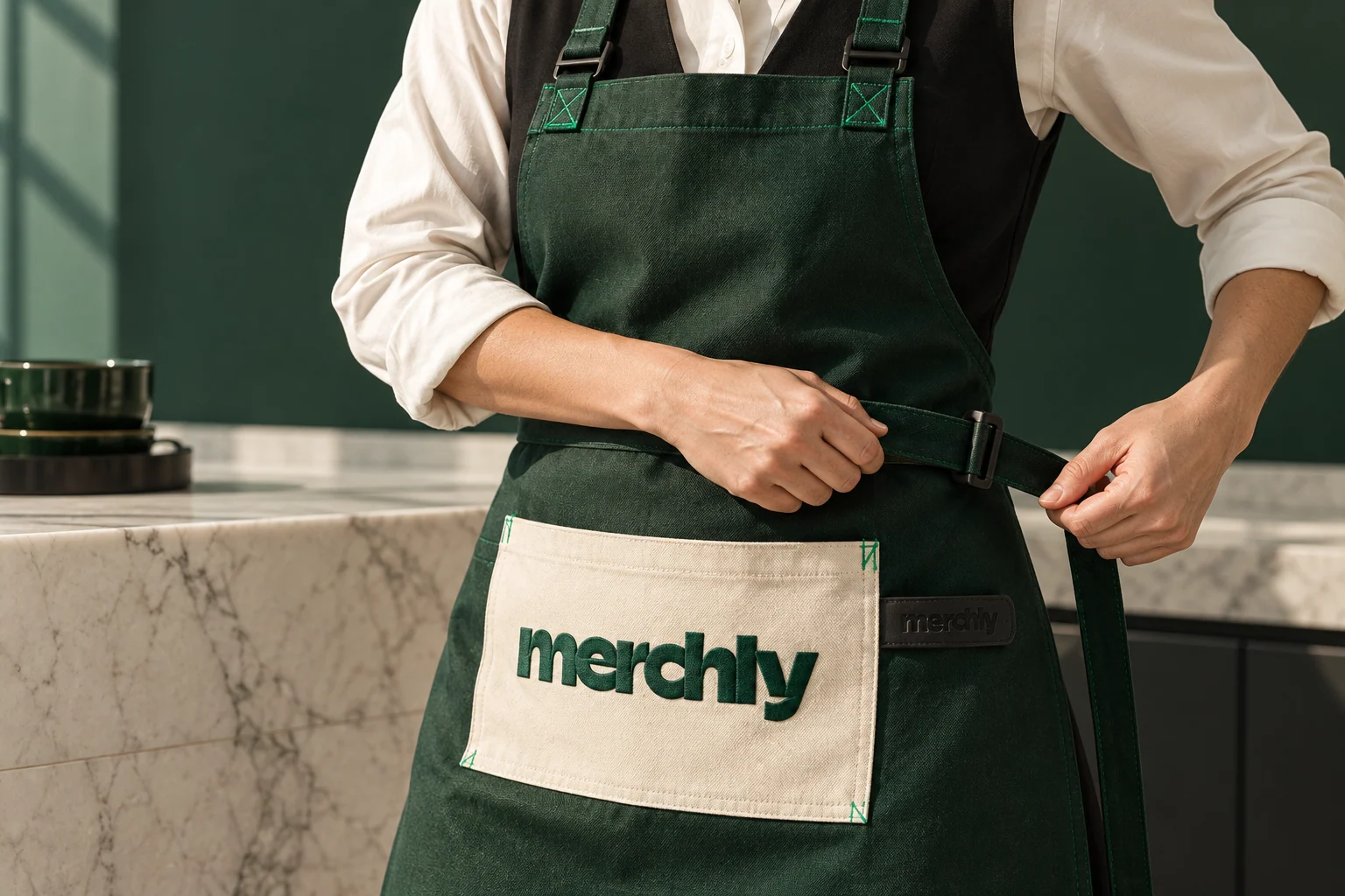 Tablier de salle Merchly vert porté sur chemise ivoire et gilet noir, avec poche brodée et finitions sur mesure.