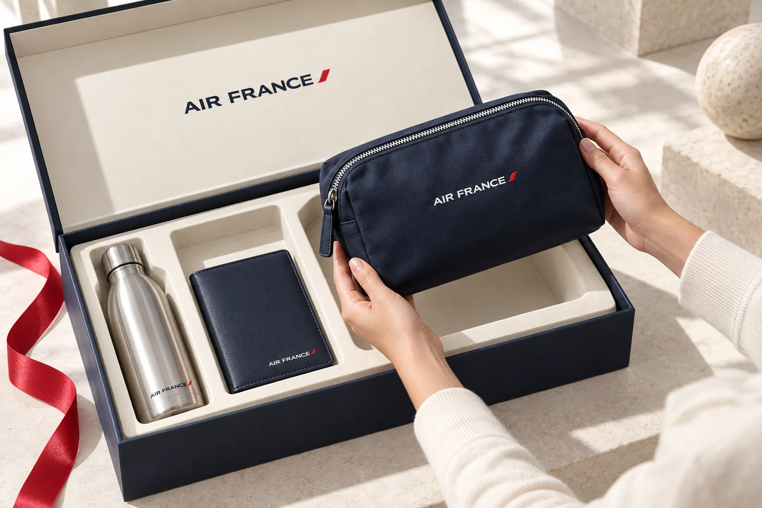 Ouverture d’un coffret de voyage Air France bleu marine et ivoire avec pochette brodée, porte-passeport et bouteille.