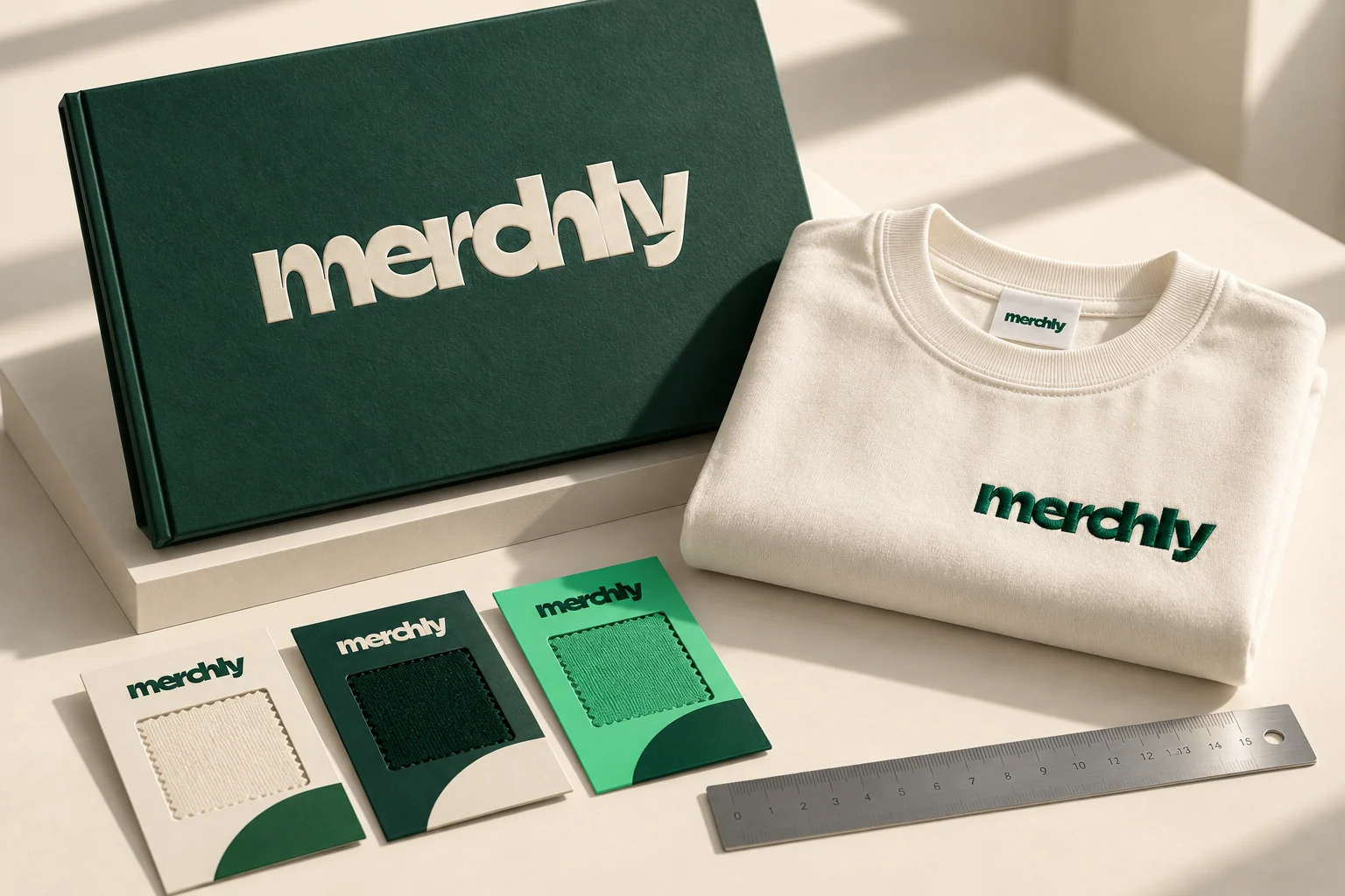 Kit d’échantillons Merchly : folio vert marqué ivoire, t-shirt brodé et nuanciers sur une table crème.