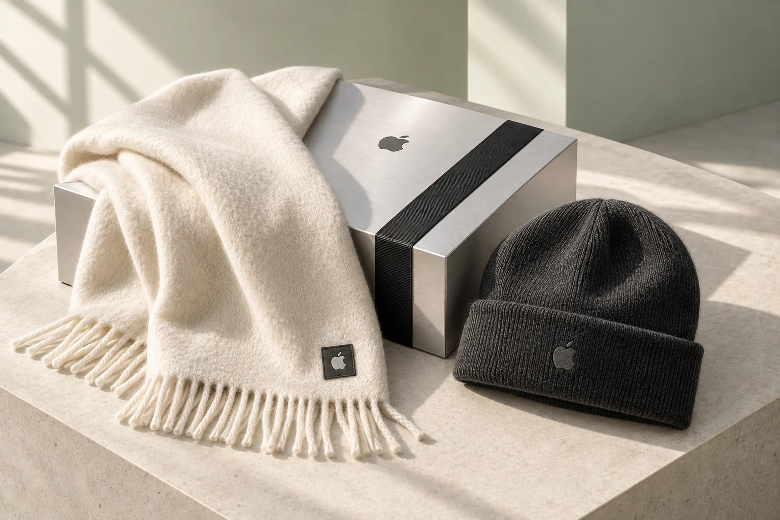 Coffret cadeau Apple argenté avec écharpe ivoire, ruban noir et logo pomme intégré aux matières.