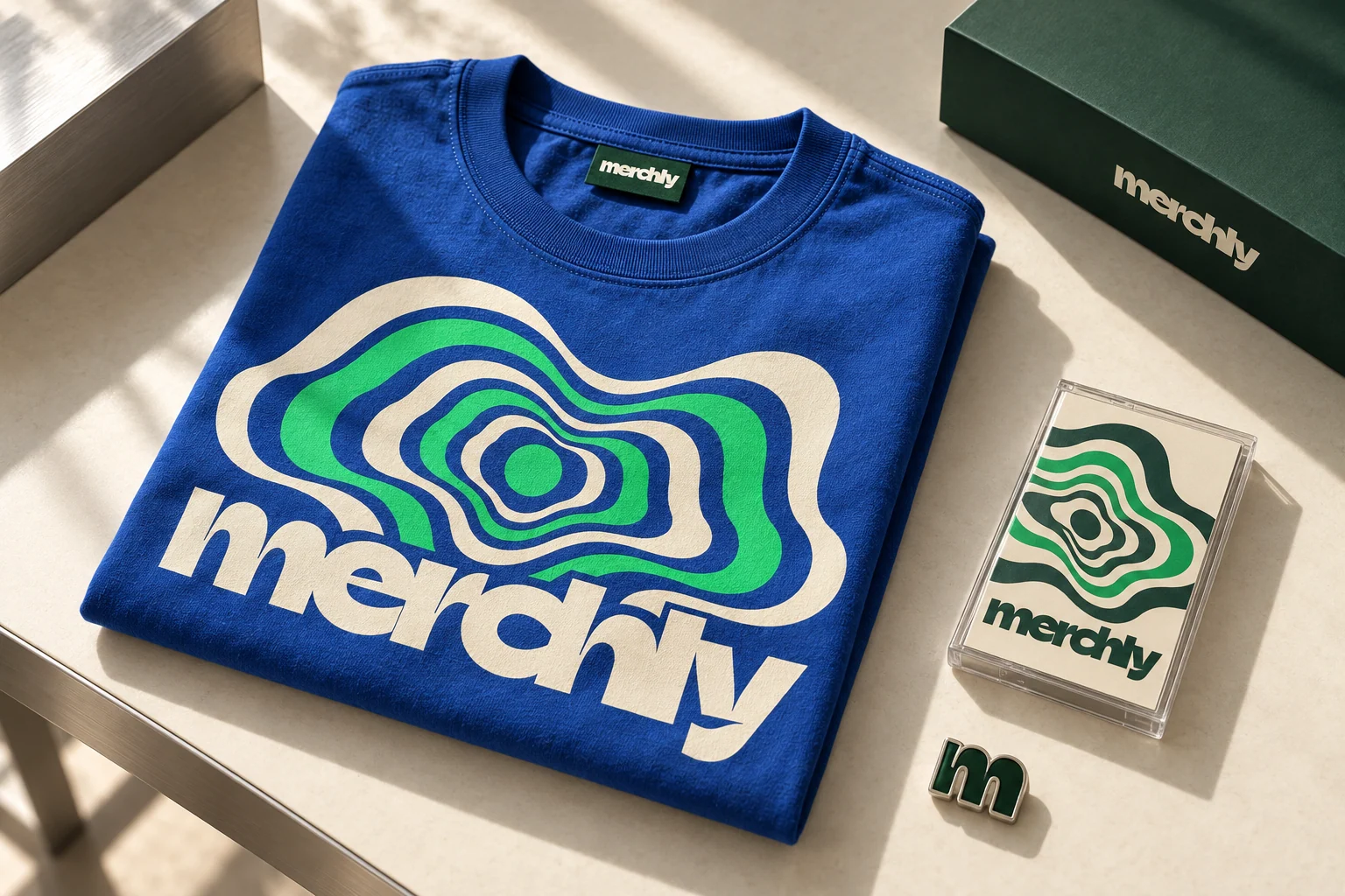 Capsule créative Merchly Studio : t-shirt bleu électrique imprimé, carte collector et pin argenté.