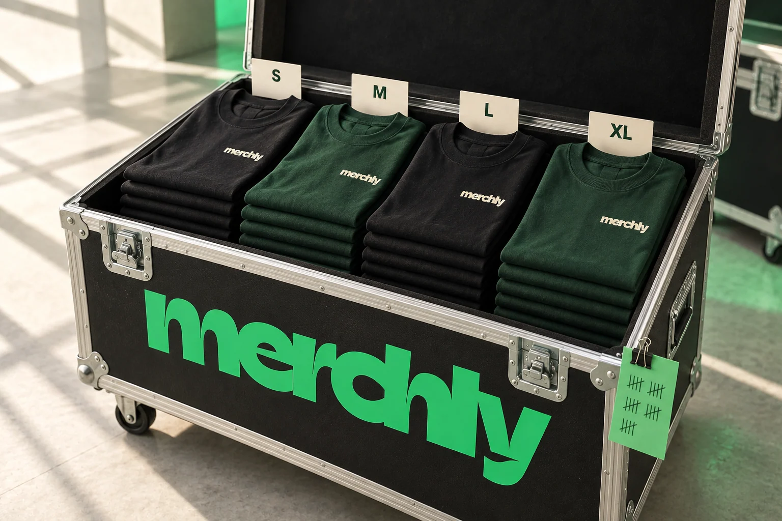 T-shirts Merchly rangés par tailles S, M, L et XL dans une caisse de tournée noire.