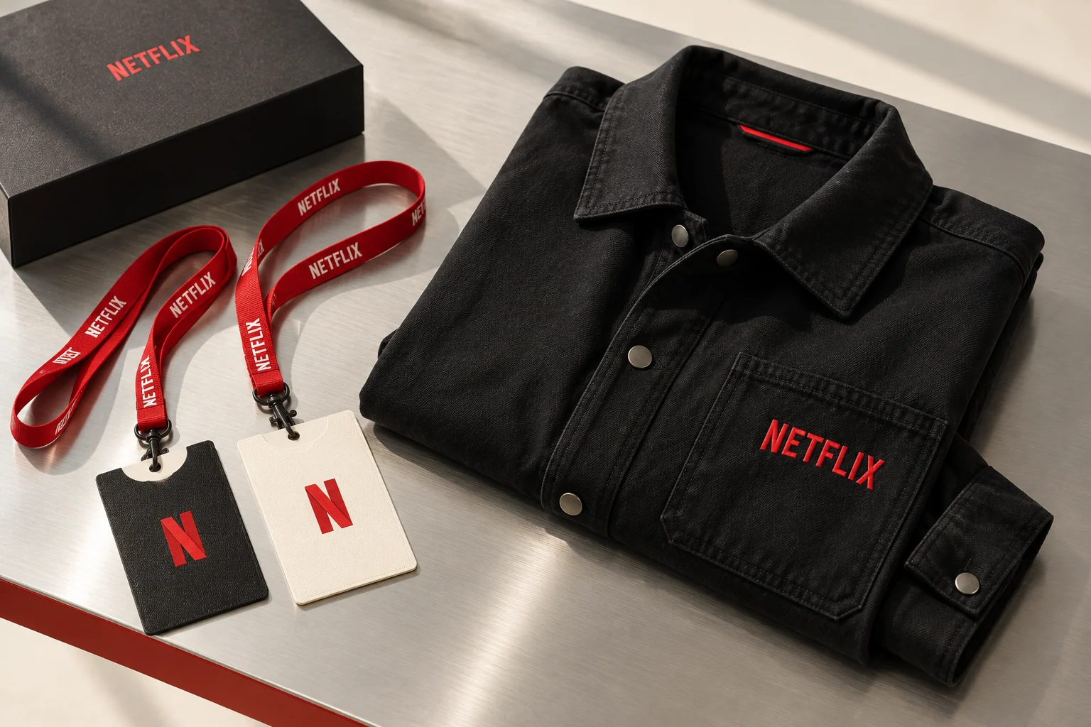 Kit événementiel Netflix : surchemise noire brodée, tours de cou rouges et pochettes de billets personnalisées.