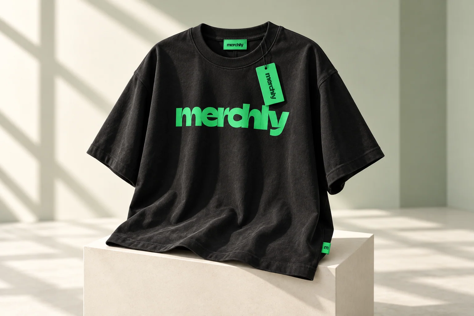 T-shirt noir épais marqué du logo Merchly vert, drapé sur un bloc clair avec étiquettes sur mesure.