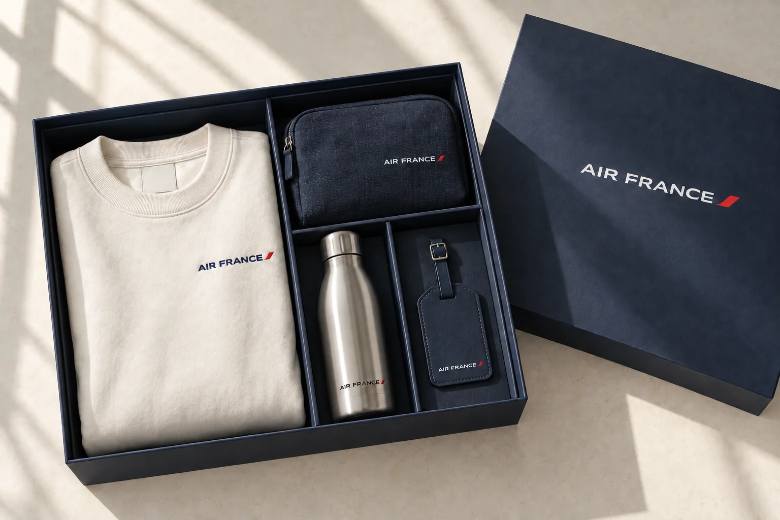 Welcome pack Air France : coffret marine, sweatshirt ivoire, pochette de voyage et gourde personnalisés.