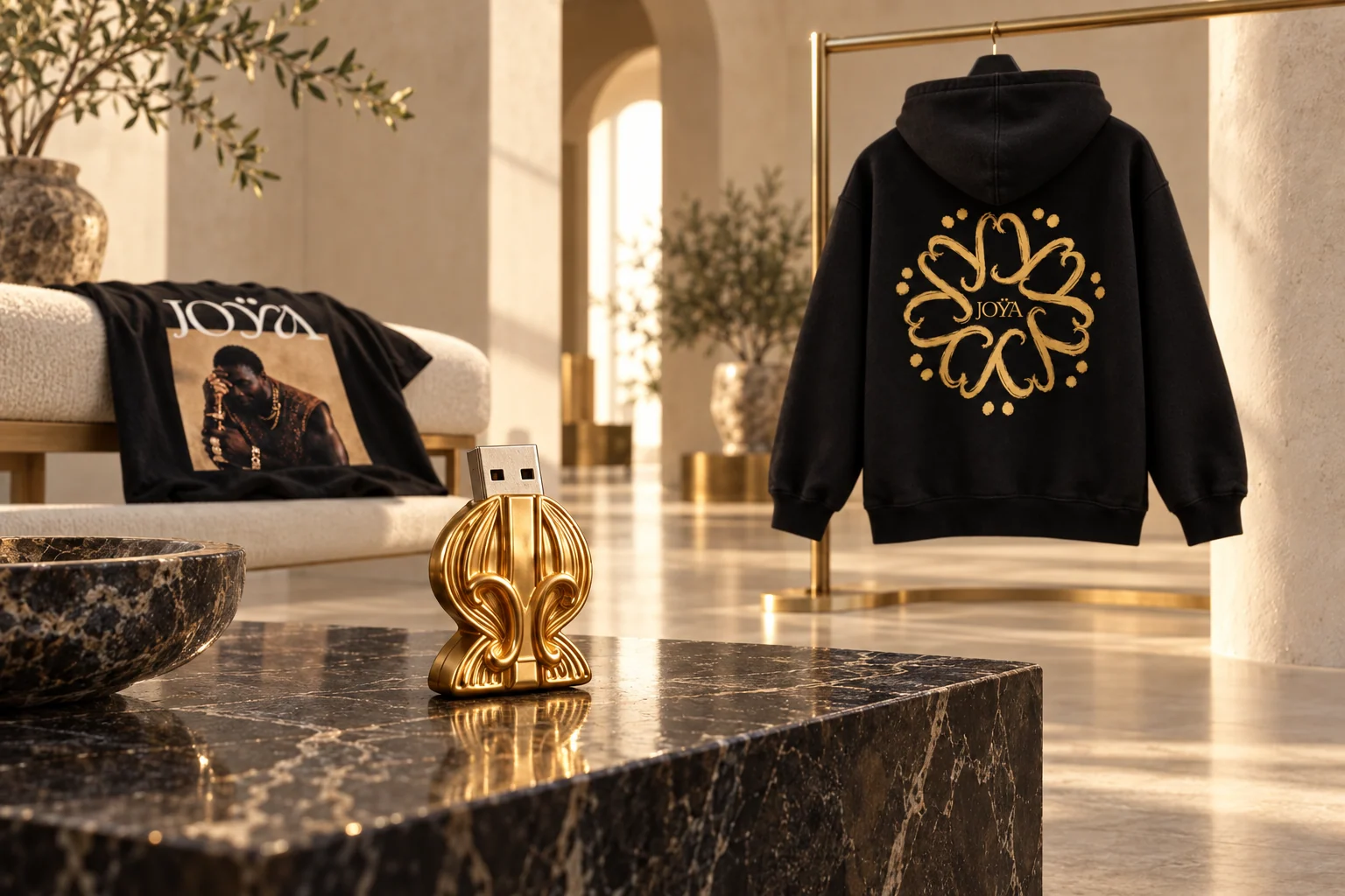 Capsule JOYA de Tayc, hoodie noir et doré, t-shirt et clé USB sculptée dans un showroom minimaliste.