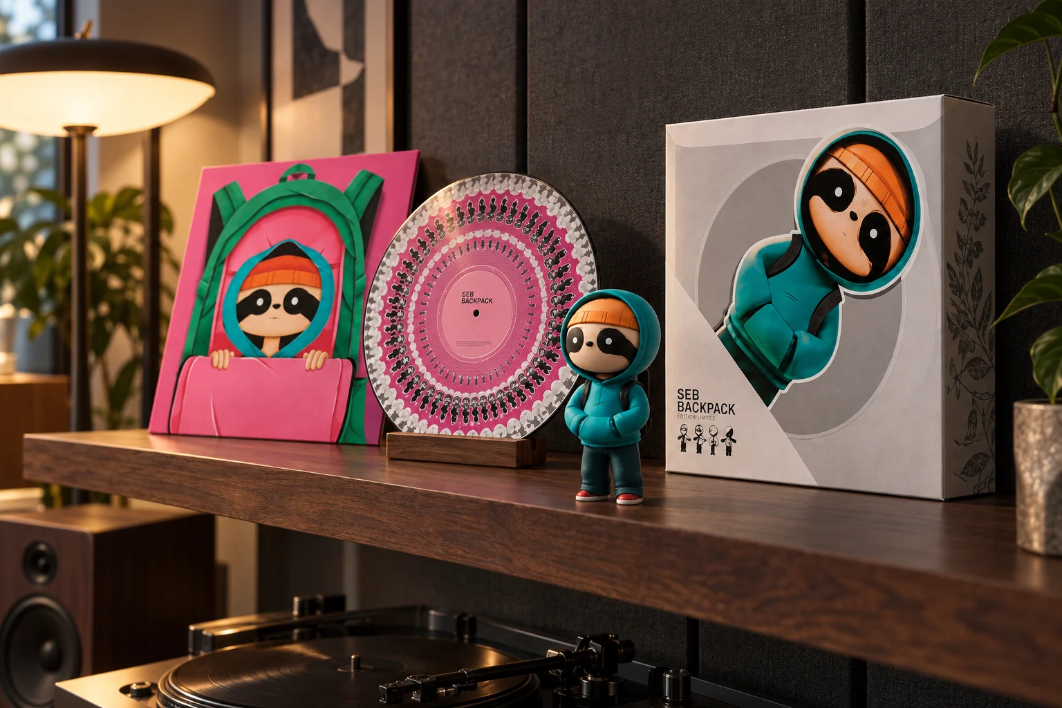 Coffret collector SEB Backpack avec figurine et picture disc sur une étagère dans un salon d’écoute contemporain.
