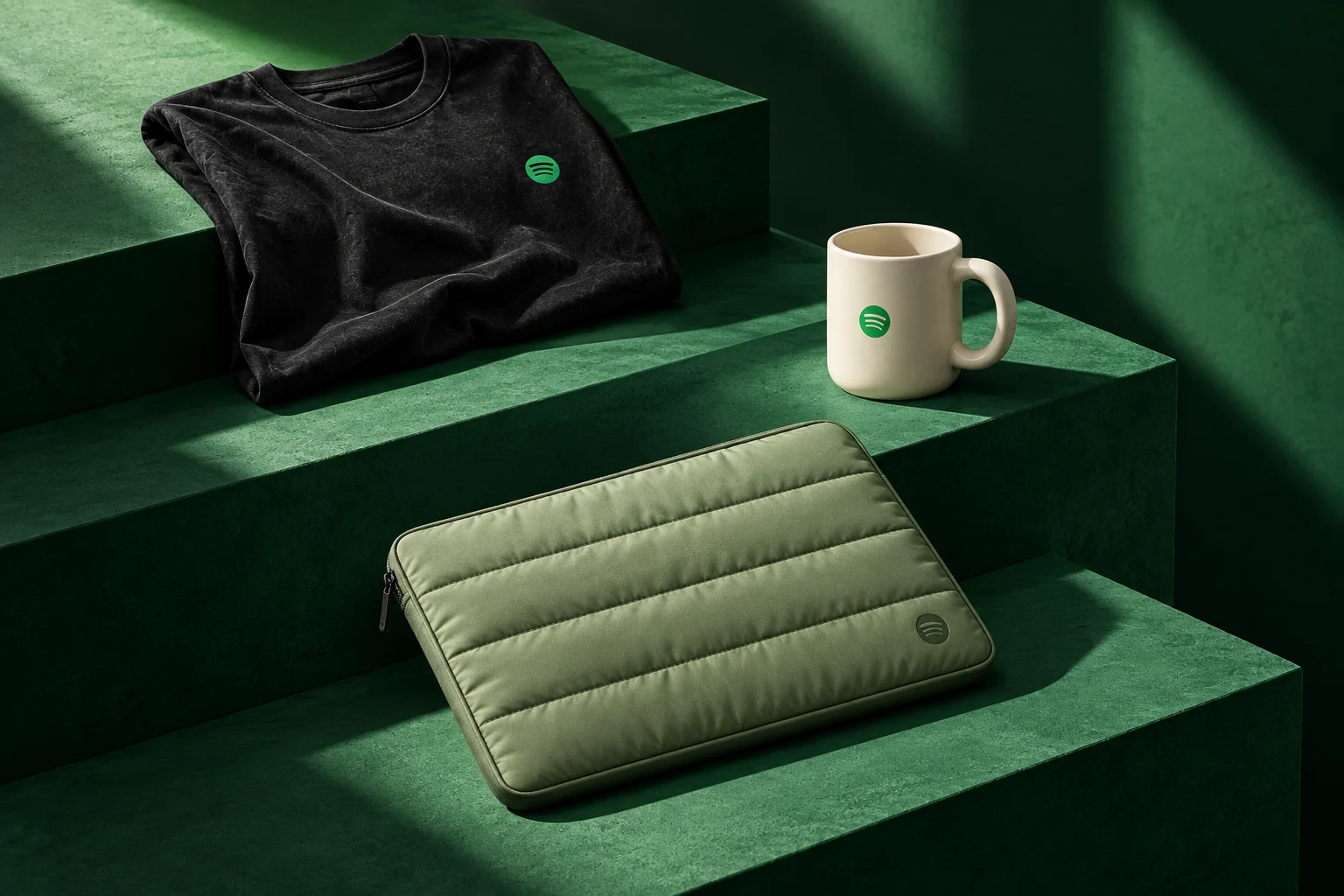 Pochette puffer, mug en céramique et t-shirt Spotify sur un décor géométrique vert profond.