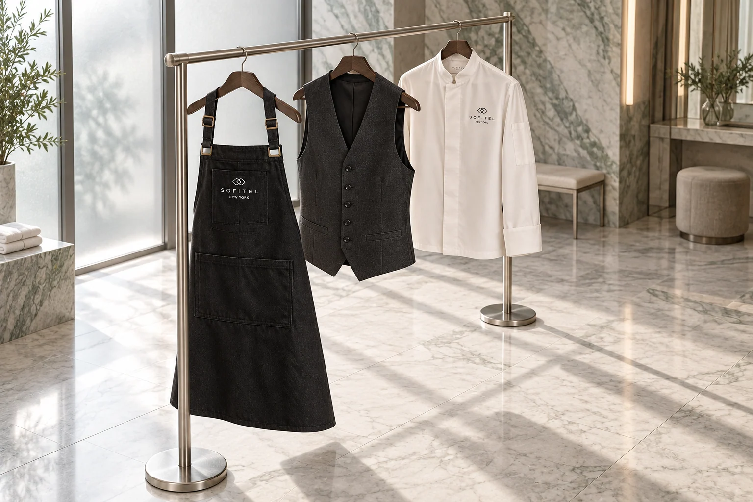 Uniformes Sofitel : veste ivoire, gilet anthracite et tablier noir sur un portant dans un vestiaire d’hôtel en marbre.