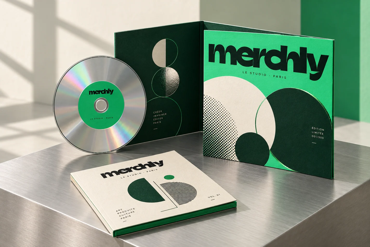 Édition CD Merchly au graphisme vert, noir et ivoire, avec mot-symbole imprimé, disque argenté et livret texturé sur un socle en aluminium brossé.