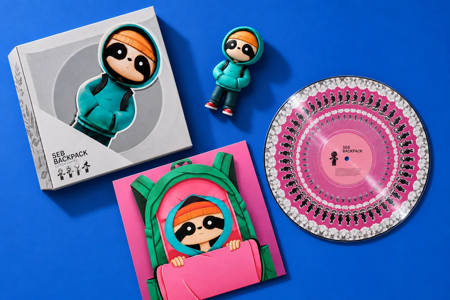 Édition collector SEB Backpack présentée à plat sur fond cobalt, avec coffret, pochette, picture disc et figurine.