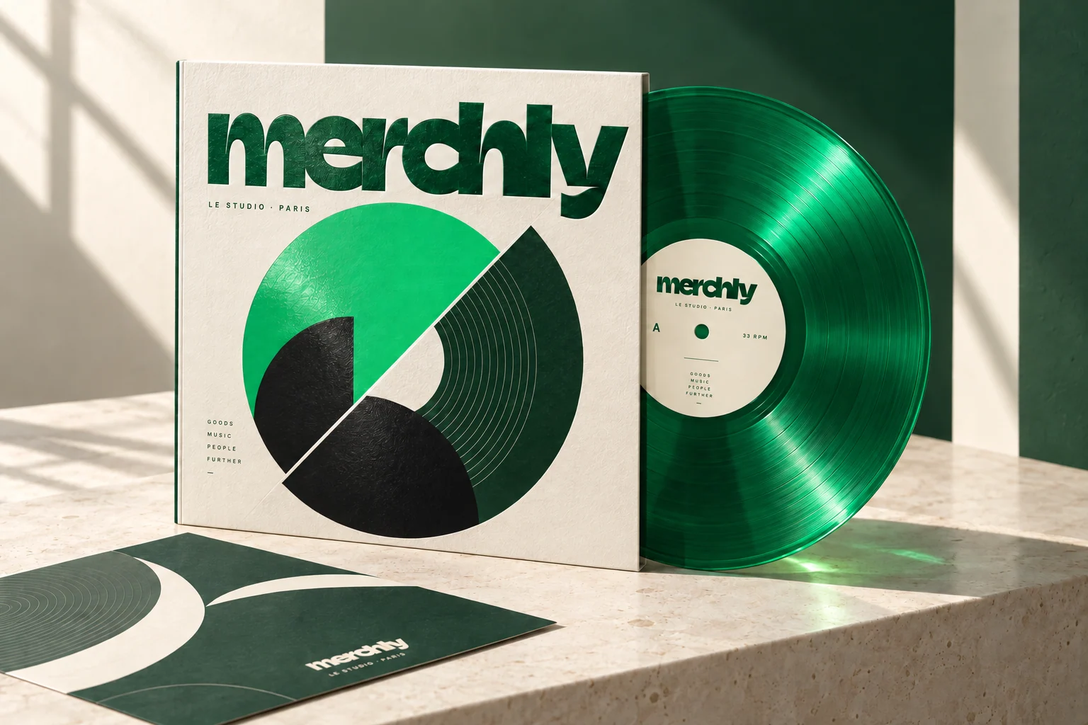 Vinyle collector Merchly émeraude translucide avec pochette ivoire et verte embossée, grand mot-symbole et création géométrique sur pierre claire.