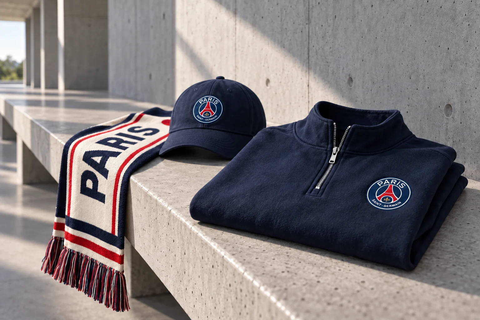 Collection PSG bleu marine, haut zippé plié, casquette et écharpe Paris sur un banc en béton architectural.