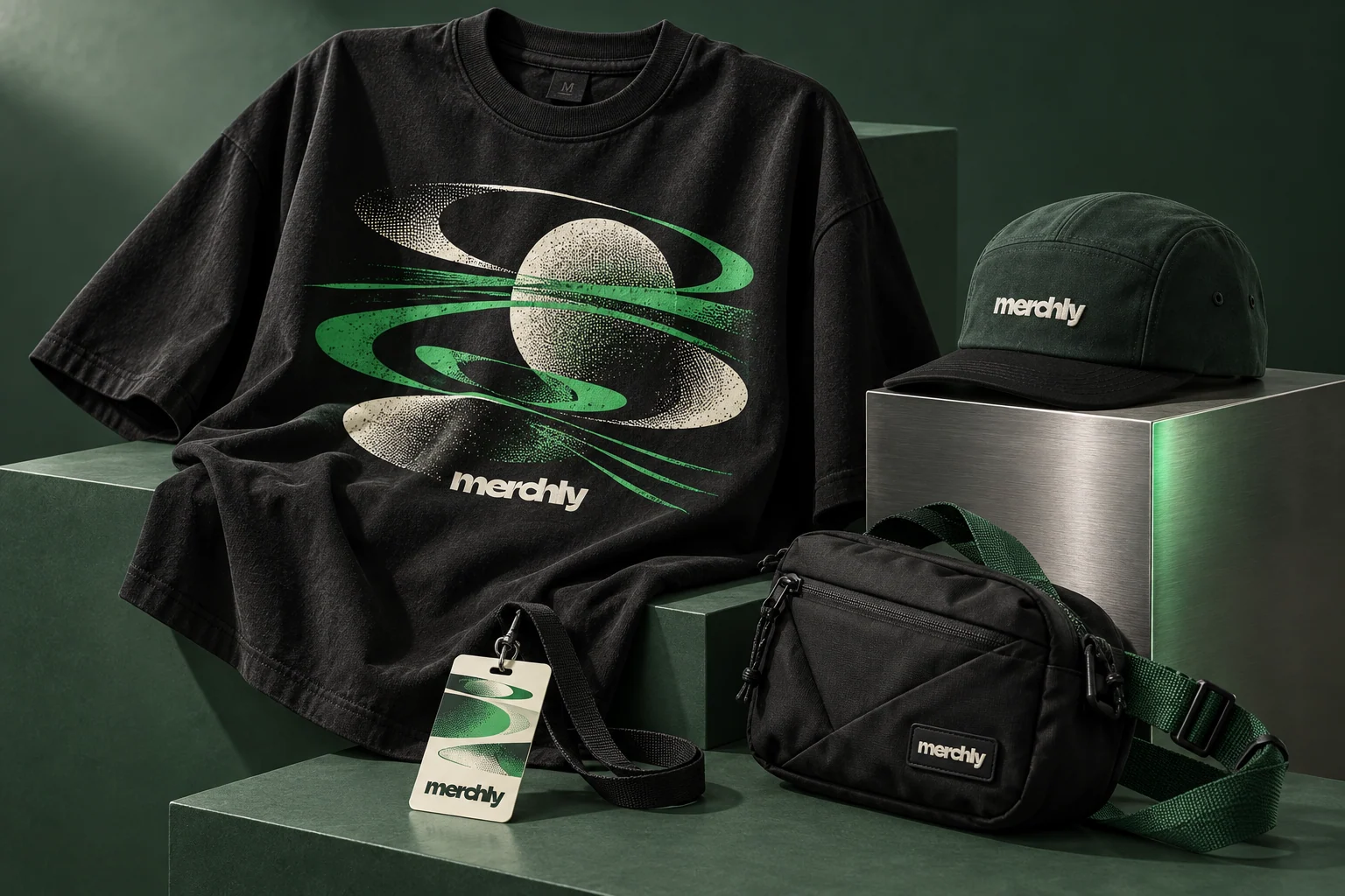 Capsule tournée Merchly : t-shirt noir graphique, casquette, pass et petit sac technique sur blocs vert forêt et inox.