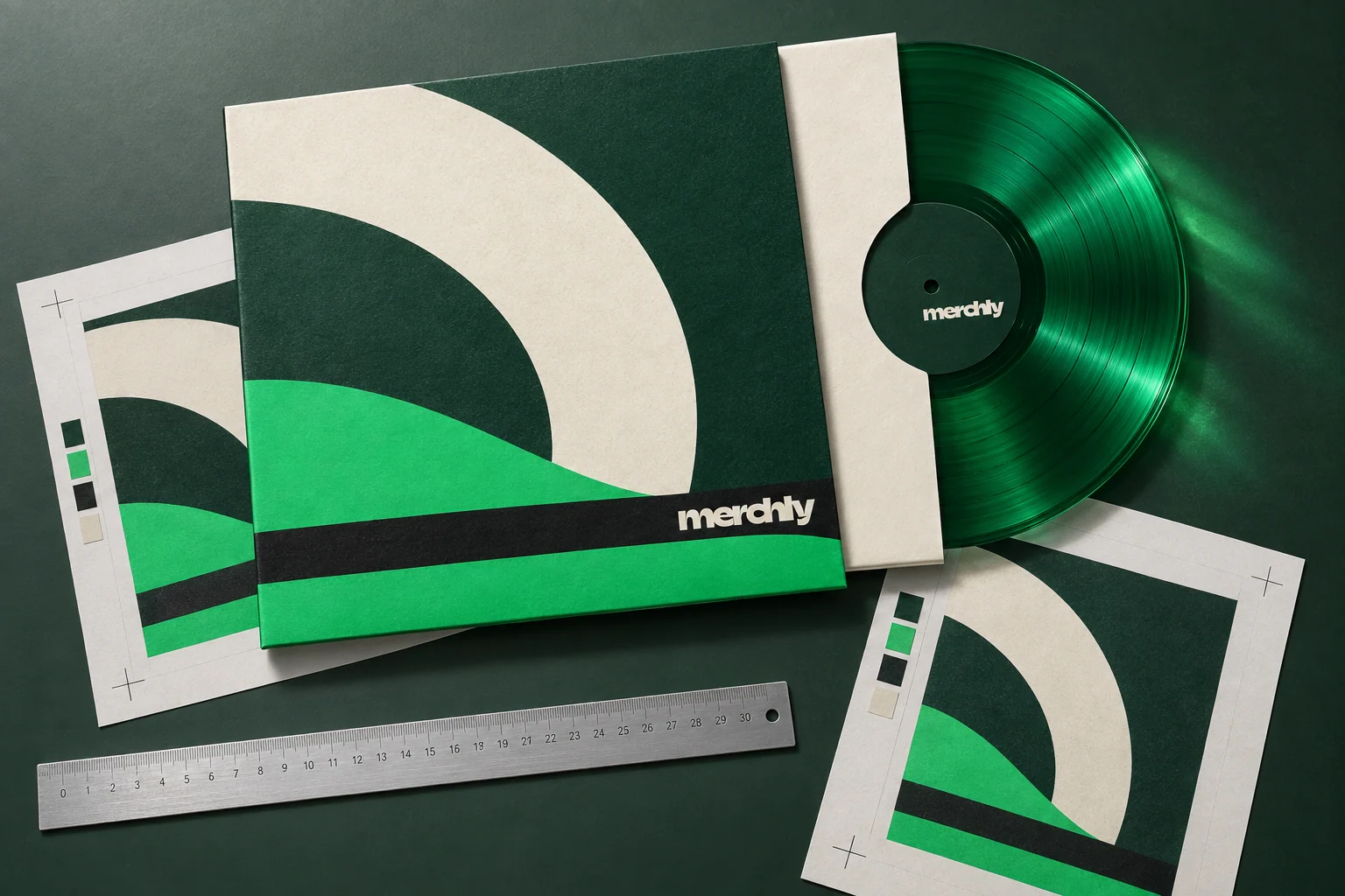 Pochette vinyle Merchly graphique, épreuves à repères de coupe, vinyle vert transparent et règle aluminium vus du dessus.