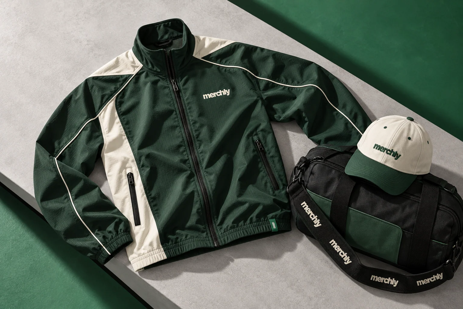 Capsule sport Merchly : veste technique vert forêt et ivoire, sac à sangle tissée et casquette, sur plateau incliné graphique.