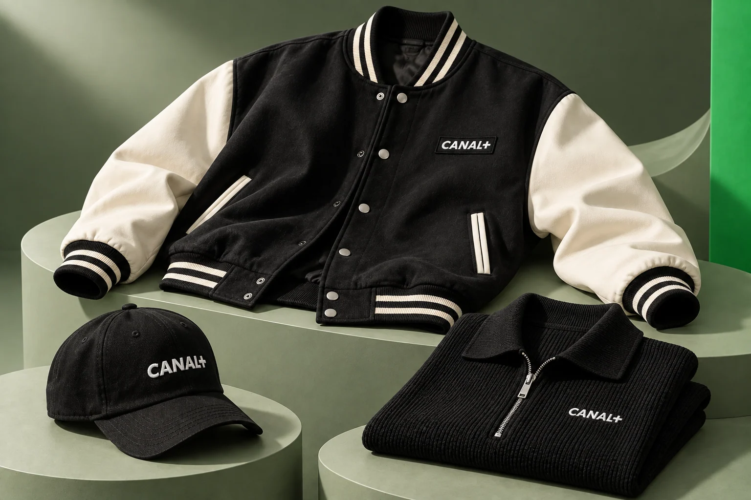 Capsule CANAL+ : blouson varsity noir et crème, polo zippé en maille noire et casquette brodée sur podium vert sauge.