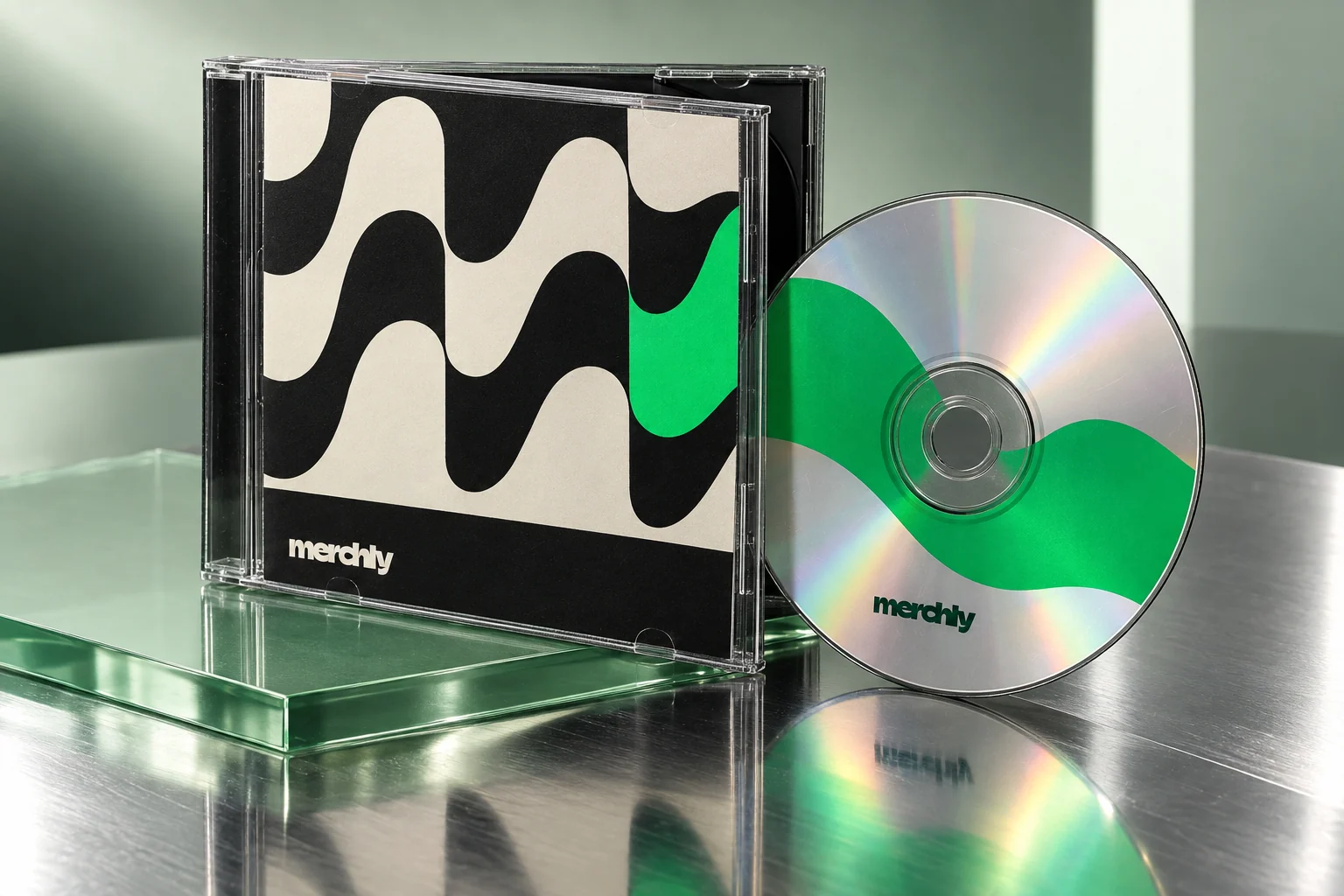 CD iridescent Merchly sérigraphié de vert et boîtier fumé au livret graphique noir et ivoire, sur acrylique vert et chrome.