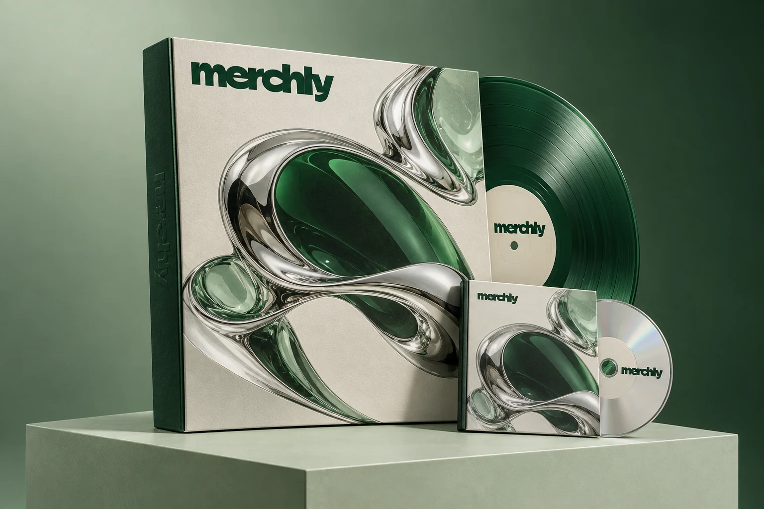 Édition collector Merchly sculpturale, vinyle vert fumé transparent et CD argenté autour d’un coffret à illustration organique chromée.