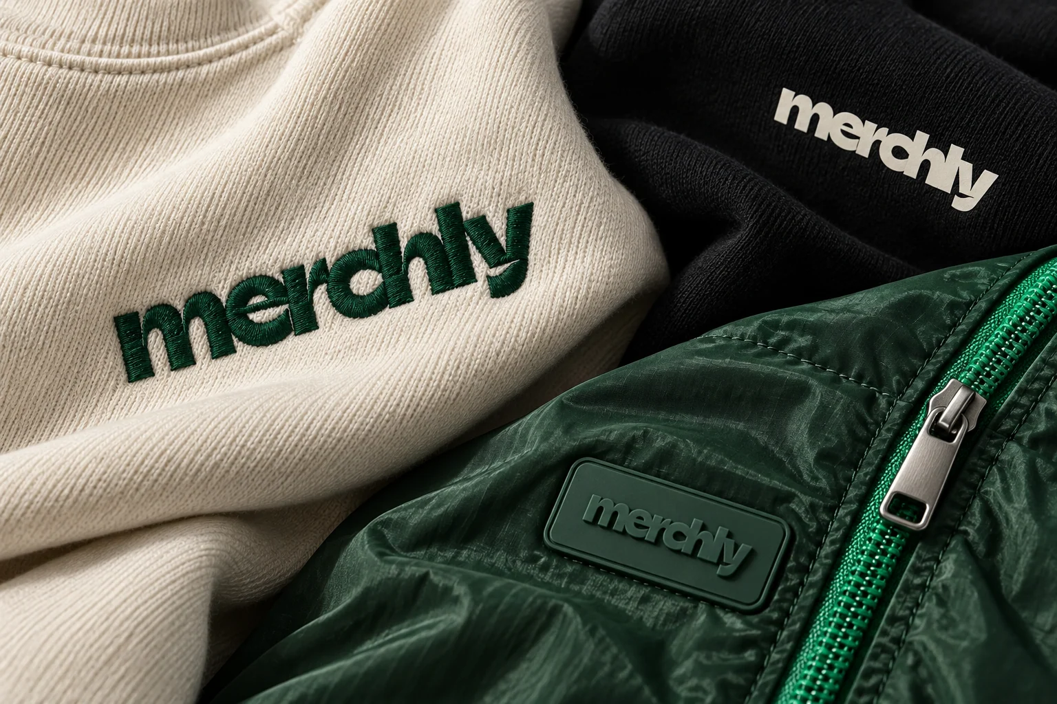 Macro de trois finitions Merchly : broderie sur coton écru, patch silicone vert forêt sur nylon et sérigraphie sur textile noir.